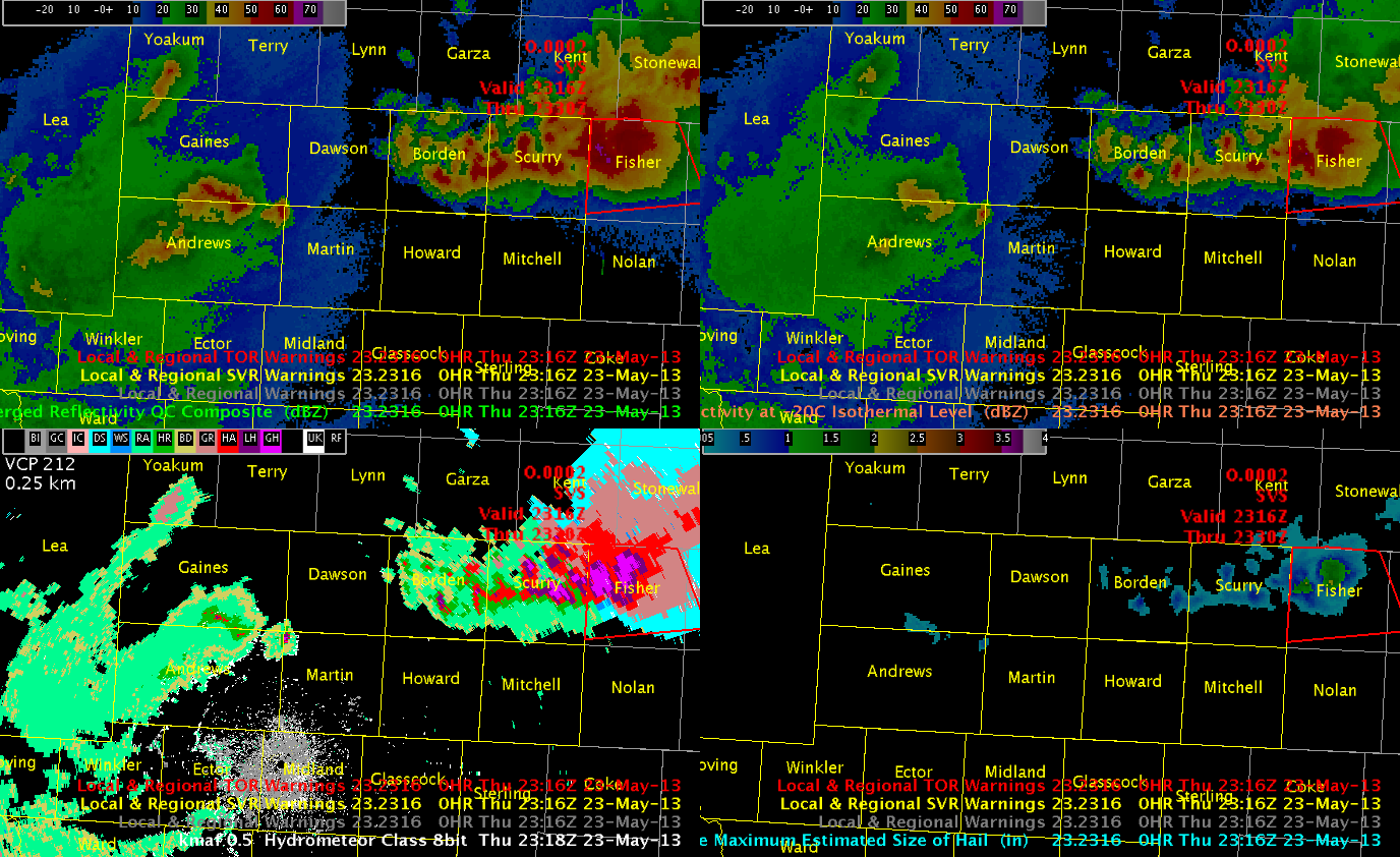 Image 4. 2316 UTC MRMS and  2318 KMAF HSDA data, overlaid with SVR warnings. Upper left - MRMS Merged reflectivity QC Composite, MRMS upper right - reflectivity at -20C, lower right - MRMS MESH, lower left - KMAF 0.5 degree HC.