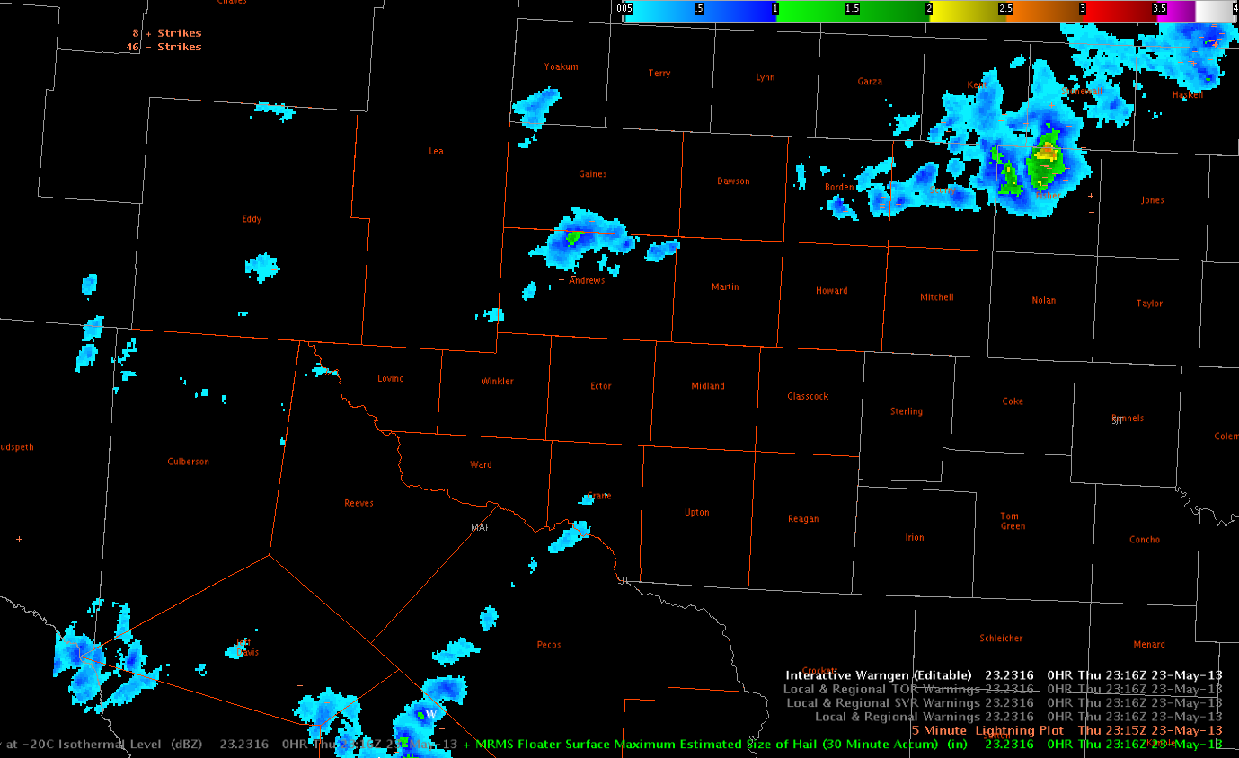 Image 1.  MRMS MESH at 2316 UTC.  Notice the >1 values over northern Andrews County. 