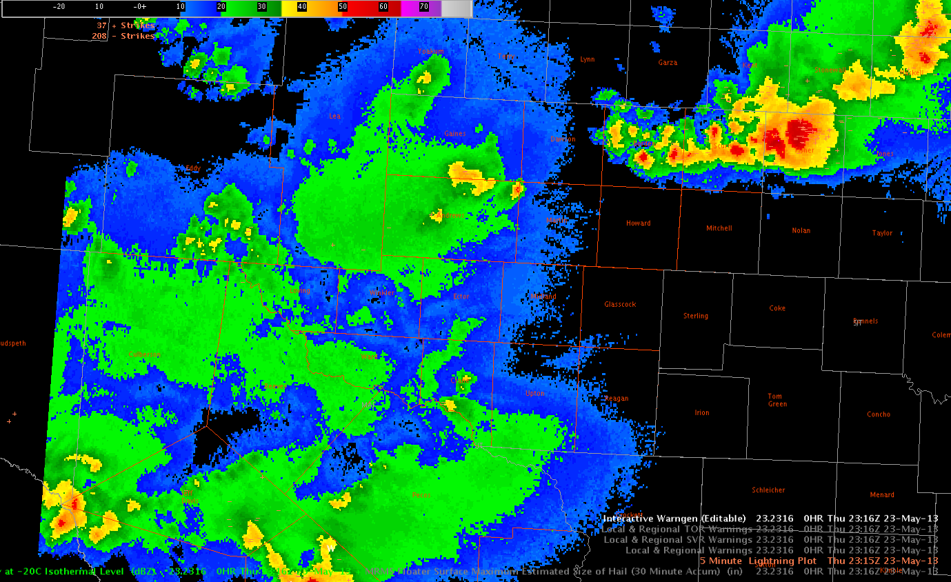 Image 2.  2316 UTC MRMS reflectivity at -20C.  Notice the relatively low values in northern Andrews County. 