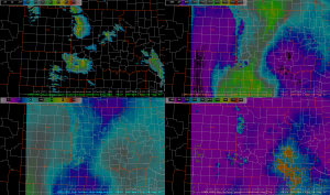 LAPS forecast data, with the top left showing simulated reflectivity. The other panes seem to correctly indicate the areas of significant instability with little-to-no inhibition.