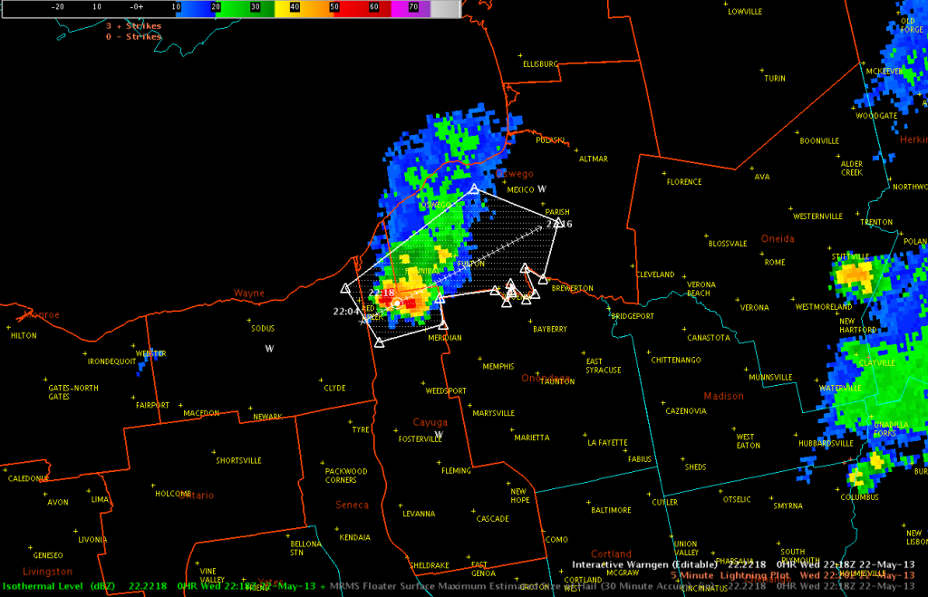 Image 2.  MRMS reflectivity of -20C isothermal level, with warning polygon. 