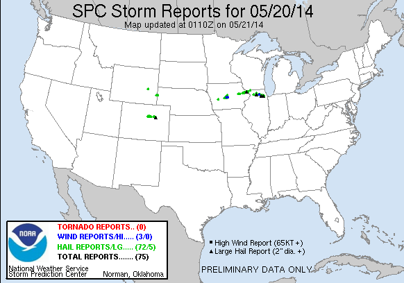 SPC Storm Reports as of 8:10pm on May 20th, 2014