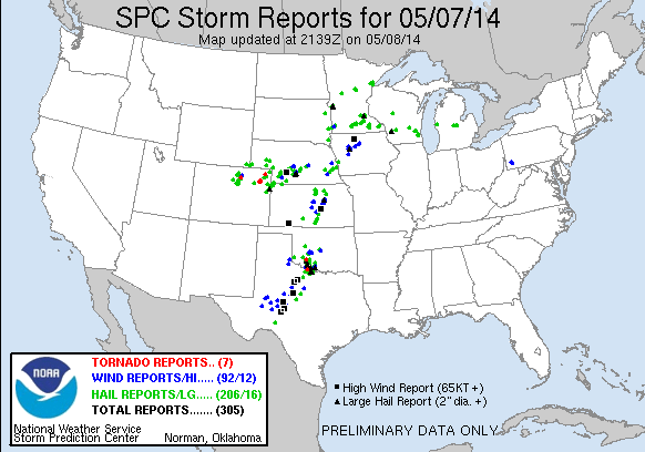 SPC Storm Reports for 7 May 2014.