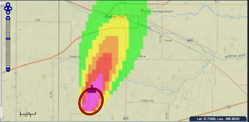 HWT probabilistic hazard plume for tornado to the southwest of Dodge City around 6 pm 24 May.