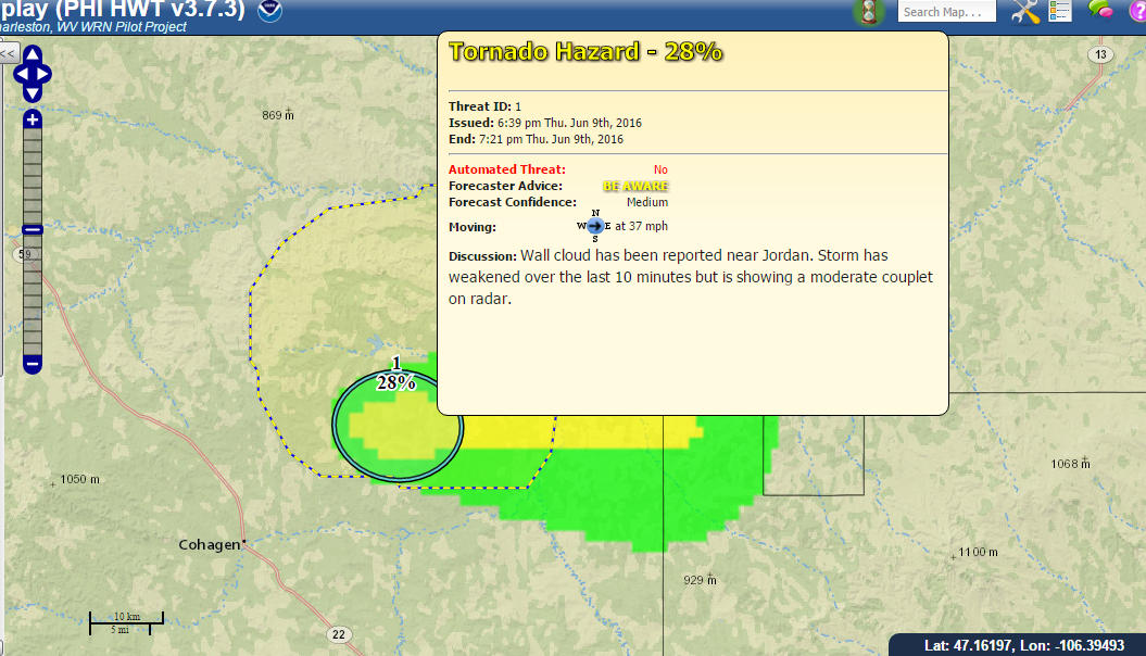 PHI plume for tornado probability for a supercell storm near Jordan, MT. The text in the pop-up window is a potential text product based on NWS Hazard Simplification project prototypes. The yellow outlined box is the representation of a legacy severe thunderstorm warning derived from severe thunderstorm PHI data.