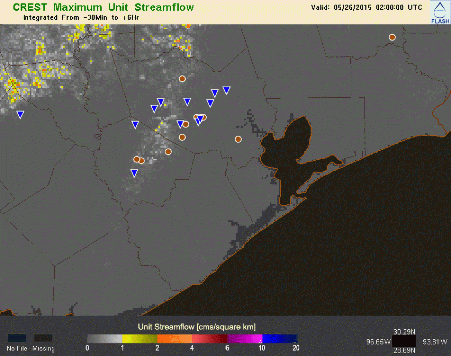 Animation of unit streamflow from the May 25th, 2015 Houston Flash Flood