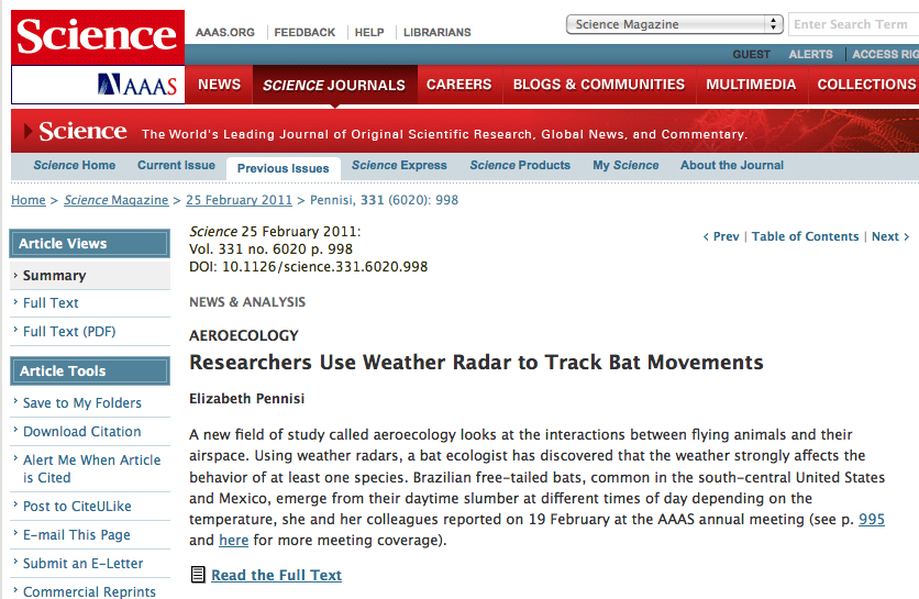 Science journal publishes article on weather radar tracking bats