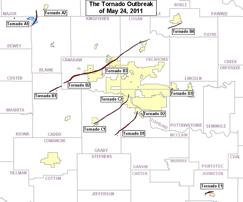 Tornado tracks from central Oklahoma tornado outbreak May 24, 2011