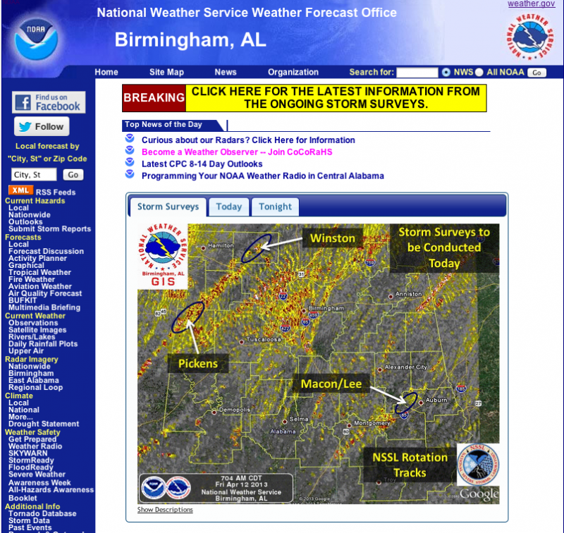 The NWSFO in Birmingham, Ala. used an NSSL product to plan surveys of damage caused by the tornadoes yesterday. 