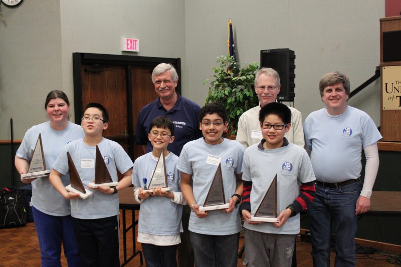 (Left to right - front row) Katherine Brooks, Vincent Li, Daniel Lamothe, Aniket Dehadrai, and Howard Zhong. Aniket and Howard qualified for Nationals. (Back row) Gaylon Pinc from the Oklahoma Society of Professional Engineers and Chair of OK Mathcounts program, head grader, and Harold Brooks.