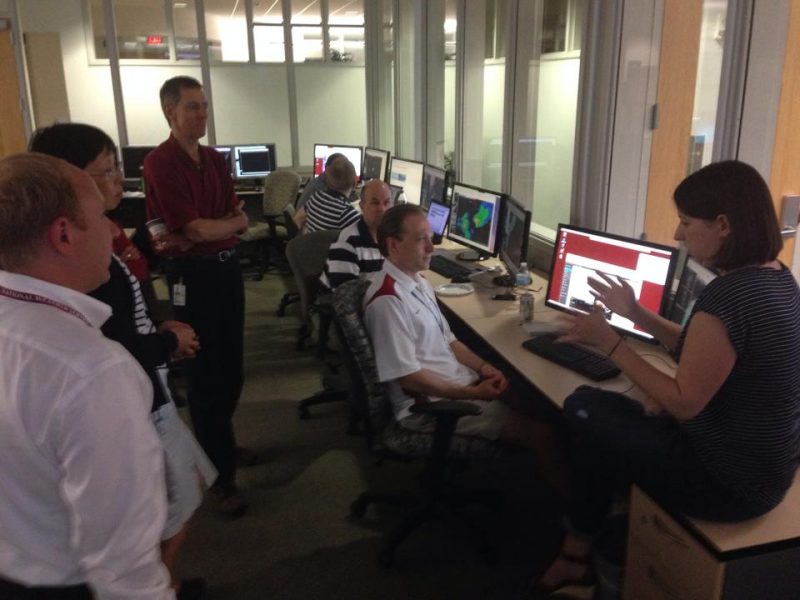 NOAA Hazardous Weather Testbed: During a break in operations, Kristin Calhoun led an impromptu discussion of the complexities of interpreting PGLM lightning data.