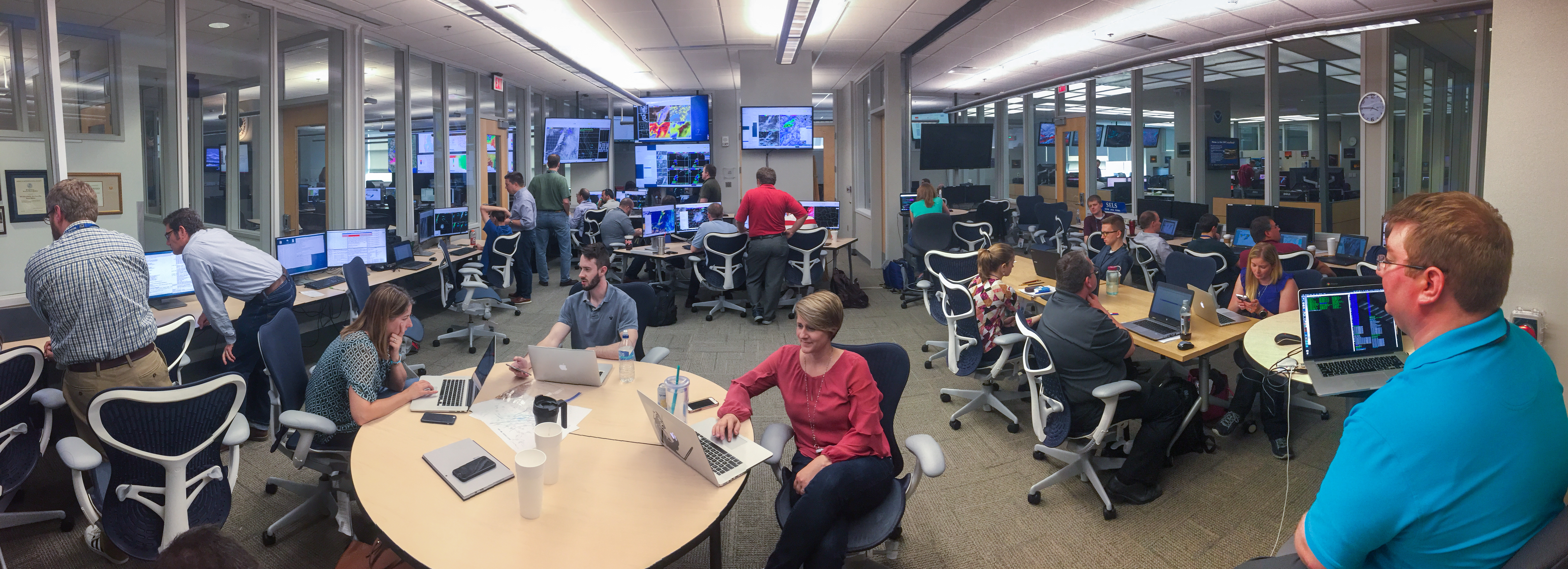 A panoramic view of NOAA's Hazardous Weather Testbed during the Spring Forecasting Experiment in April and May.