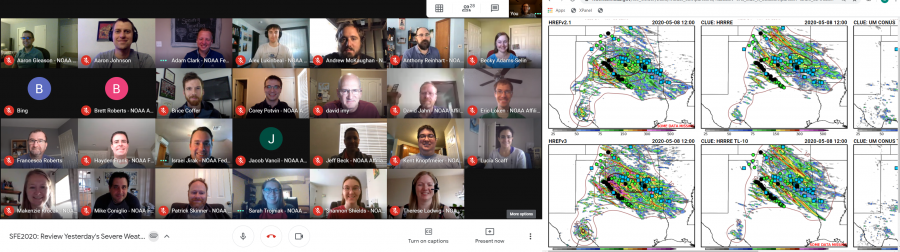 Screenshot of experiment participants displayed in Google Hangouts on the left side of the screen with an experimental forecasting product on the right hand side of the screen. 