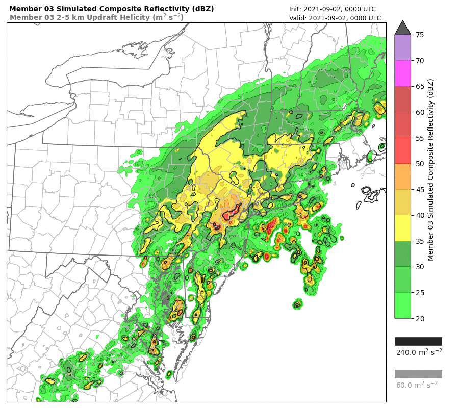 Animated image of computer-generated reflectivity model output over US mid-Atlantic and New England