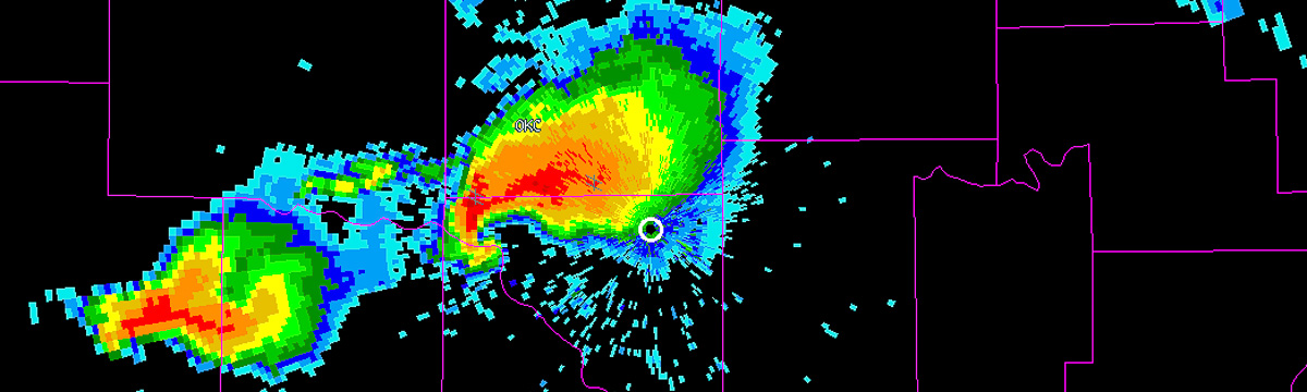 Radar display of reflectivity showing a strong tornadic hook